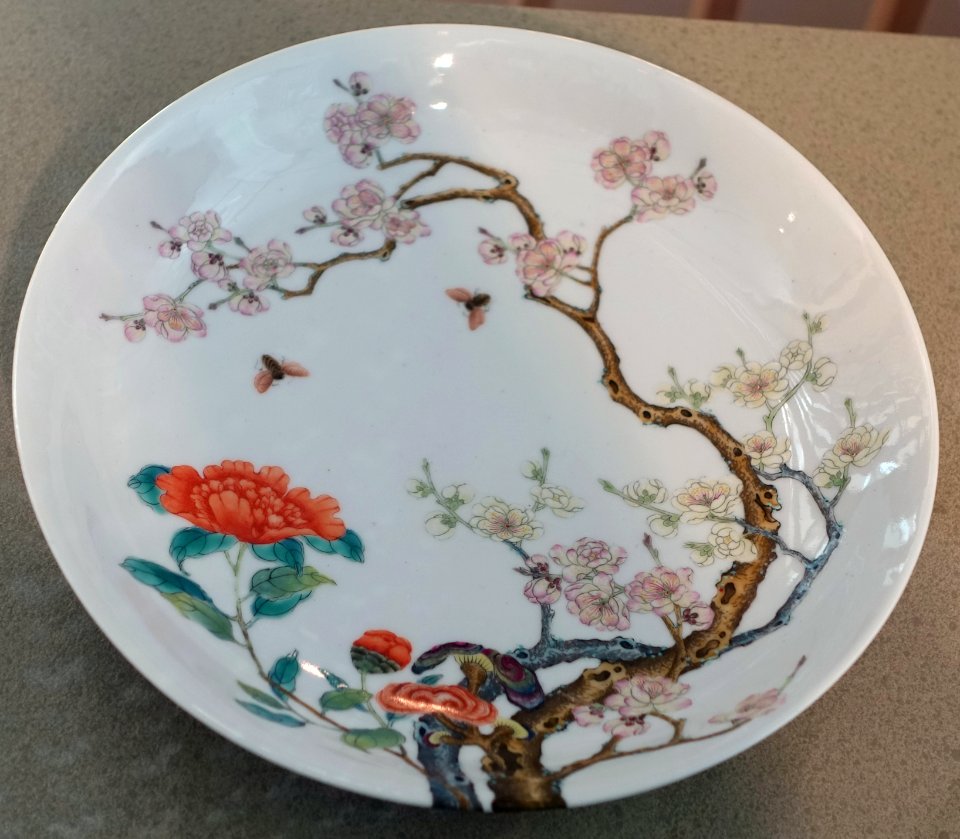 Dish with peach blossoms, camellias, lingzhi fungus, and bees, Jingdezhen, China, Qing dynasty, 1800s, porcelain, overglaze enamels - Peabody Essex Museum - Salem, MA - DSC05139