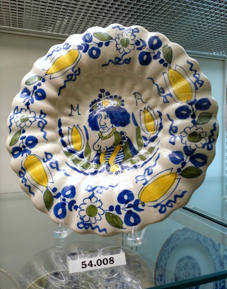 Dish pair with William and Mary, 2 of 2, Holland, 1689-1694, tin-glazed earthenware, HD 54.008, tin-glazed earthenware, HD 91.176 - Flynt Center of Early New England Life - Deerfield, Massachusetts - DSC04369