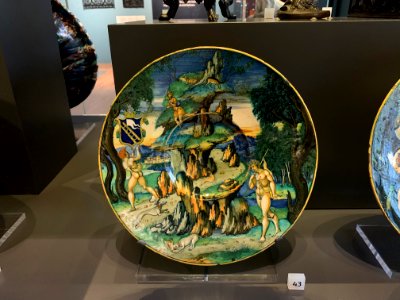 Dish with a hare-coursing scene, painted maiolica by Nicola da Urbino, c1525