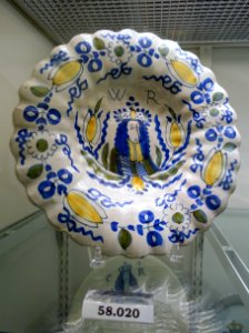 Dish pair with William and Mary, 1 of 2, Holland, 1689-1702, tin-glazed earthenware, HD 58.020 - Flynt Center of Early New England Life - Deerfield, Massachusetts - DSC04365