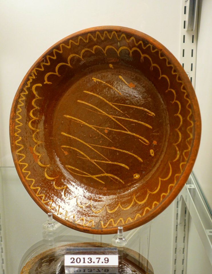 Dish, probably by Hervey Brooks, Goshen CT, lead-glazed redware, white slip, item HD 2013.7.9 - Flynt Center of Early New England Life - Deerfield, Massachusetts - DSC04064