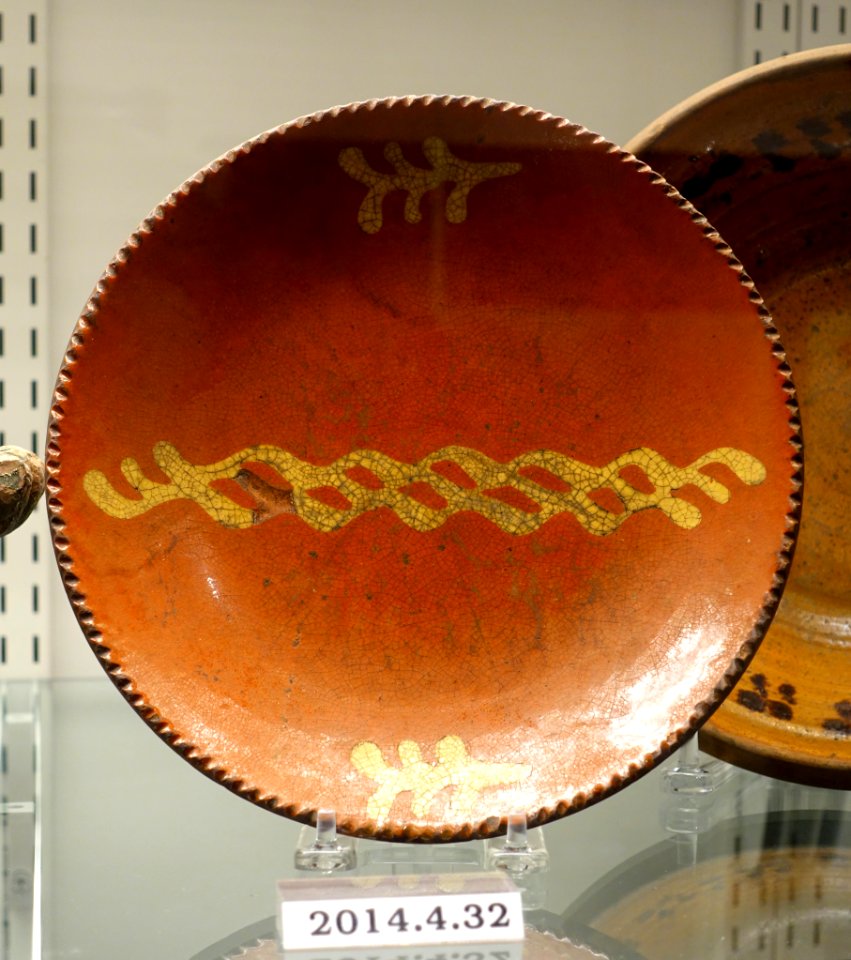 Dish, Pennsylvania, 1840-1860, lead-glazed redware, slip, item HD 2014.4.32 - Flynt Center of Early New England Life - Deerfield, Massachusetts - DSC04097