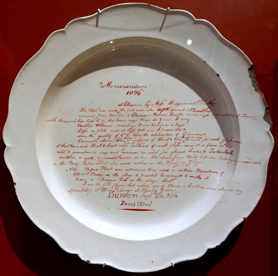 Dish made at Etruria the first year after Wedgwood & Bentley moved to Etruria, 1769, signed & dated by Enoch Wood, 26 Sep 1826, Queen's ware - Wedgwood Museum - Barlaston, Stoke-on-Trent, England - DSC09567