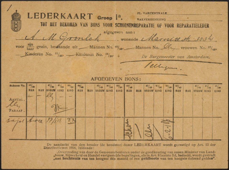 Distributiekaart Lederkaart tot het bekomen van bons voor schoenenreparatie of , Bestanddeelnr 158-1780