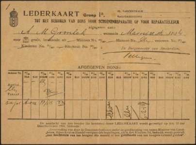 Distributiekaart Lederkaart tot het bekomen van bons voor schoenenreparatie of , Bestanddeelnr 158-1780