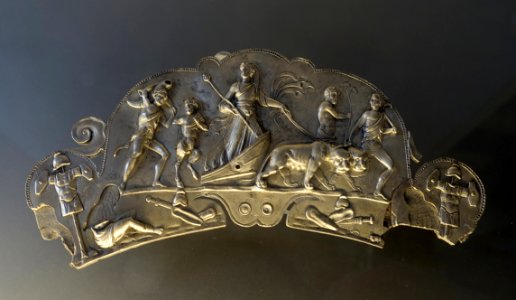 Dish handle with triumph of Dionysus, Rogers Fund 1954, Metropolitan Museum of Art, Iran between Hamadan and Kirmanshah,Severan, early 3rd cent. AD, silver - Exhibit in the Colosseum - Rome, Italy - DSC01397
