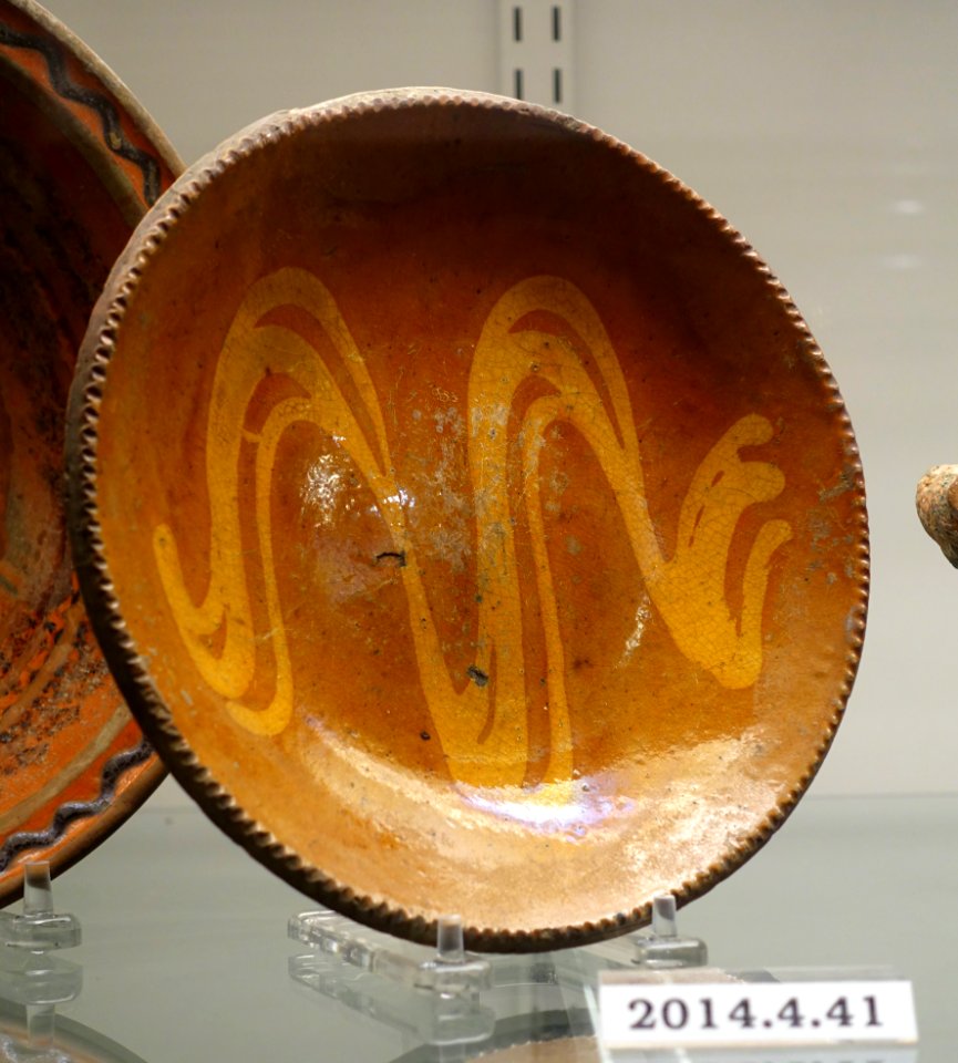 Dish, Pennsylvania, c. 1860, lead-glazed redware, slip, item HD 2014.4.41 - Flynt Center of Early New England Life - Deerfield, Massachusetts - DSC04093