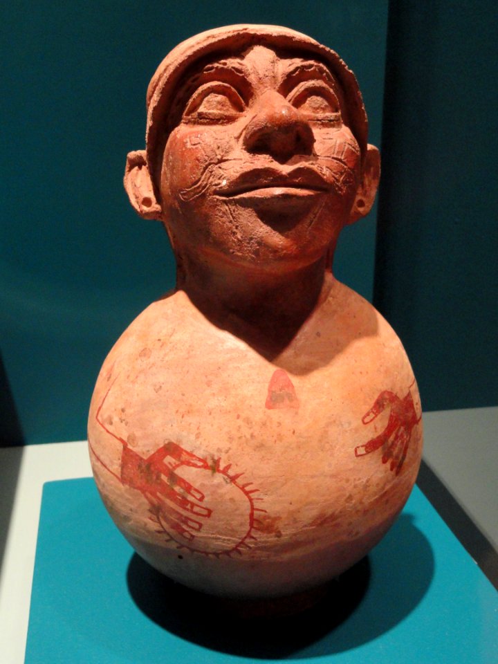 Figural vessel, view 1, Moche, Peru, 500-700 CE, ceramic with polychrome pigments - Mount Holyoke College Art Museum - DSC04613
