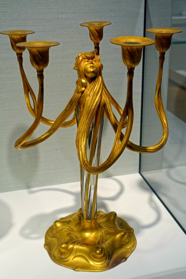 Five-armed candelabra, Orivit-AG, Köln, 1900, gilt and coppered tin, glass - Hessisches Landesmuseum Darmstadt - Darmstadt, Germany - DSC00993