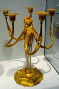 Five-armed candelabra, Orivit-AG, Köln, 1900, gilt and coppered tin, glass - Hessisches Landesmuseum Darmstadt - Darmstadt, Germany - DSC00993