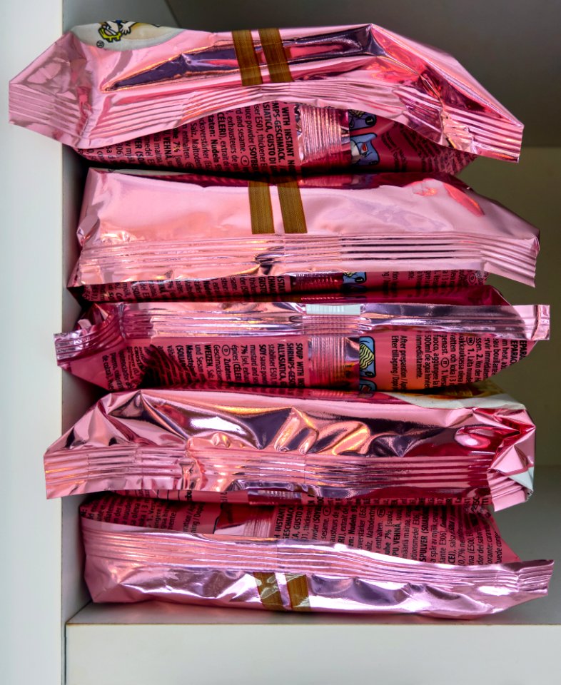 Five packs of shrimp-flavoured instant noodles