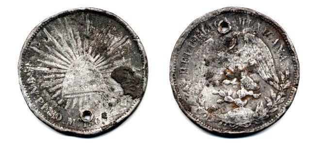 1 peso de México de 1908 (falsa)(anverso y reverso)