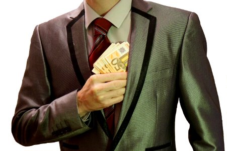 1 - corruption - man in suit - white background - euro banknotes hidden into left jacket pocket - royalty free, without copyright, public domain photo image