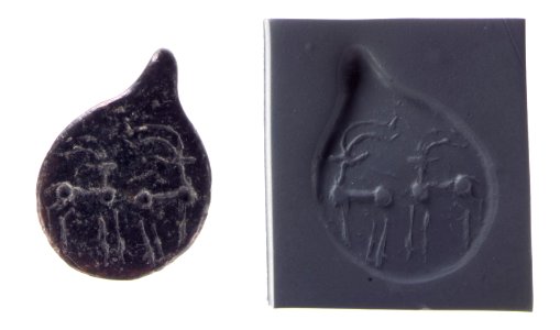 Drop-shaped (tanged) pendant seal and modern impression. Quadrupeds, ca. 4500–3500 B.C. Late Ubaid - Middle Gawra. Northern Mesopotamia