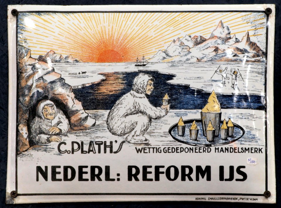 Enamel advertising sign, Nederlands Reform IJs, C Plath's, Koninklijke Enailleerfabrieken, Posta, Amsterdam