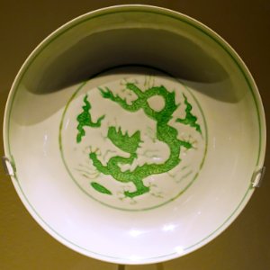Dragon dish, China, Jingdezhen, Ming dynasty, Hongzhi period, 1488-1505 AD, porcelain, incised decoration on bisquit enameled green (anhua) - Montreal Museum of Fine Arts - Montreal, Canada - DSC09669