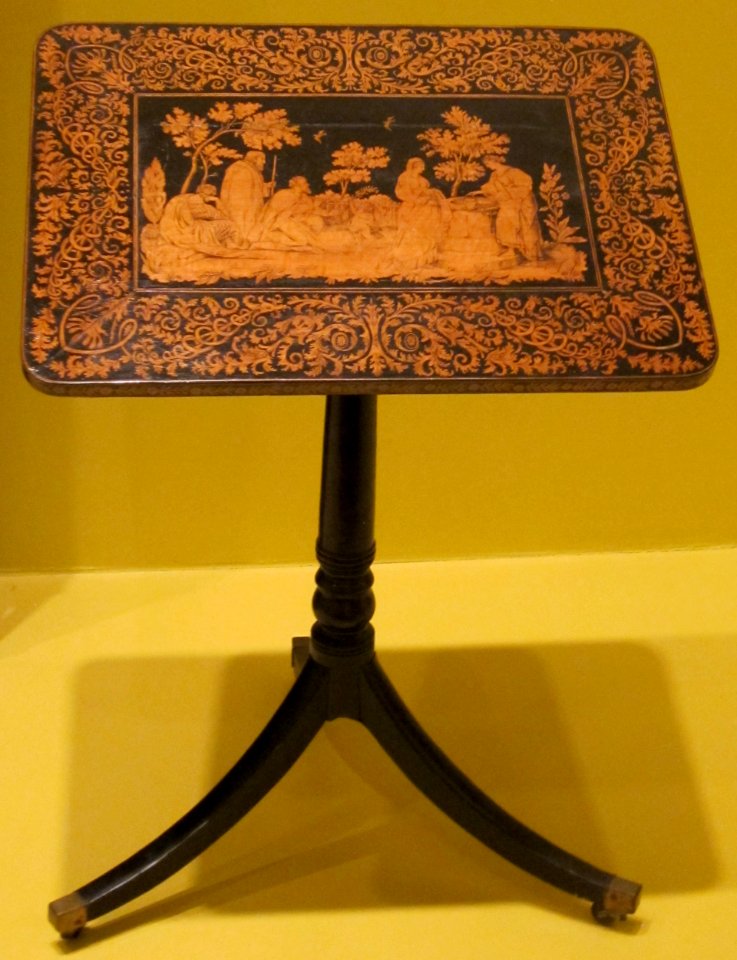 English tilt-top table, c. 1820, penwork on wood, Honolulu Academy of Arts