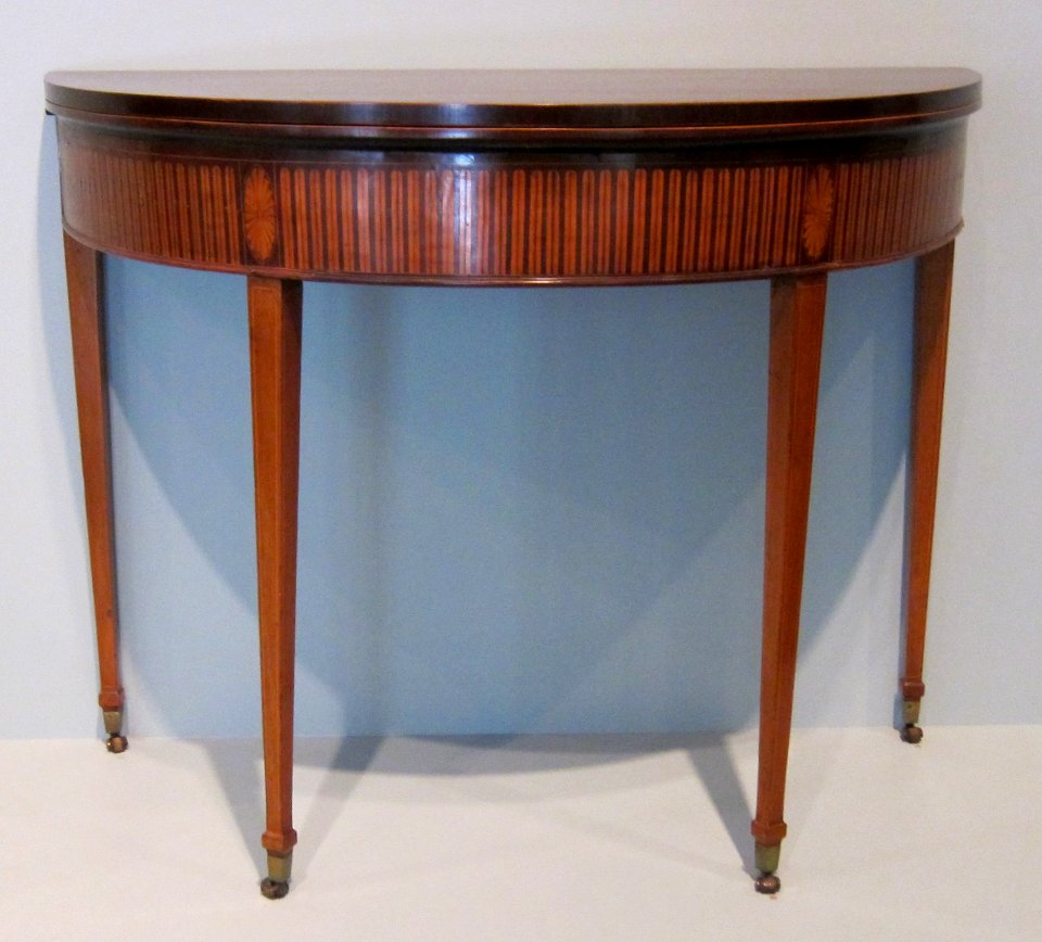 English demilune card table, c. 1790-1805, mahogany with satinwood inlays, HAA