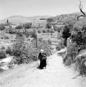 Ein Karem. Straatbeeld sterk hellende weg met op de achtergrond het dorpscentru, Bestanddeelnr 255-2800