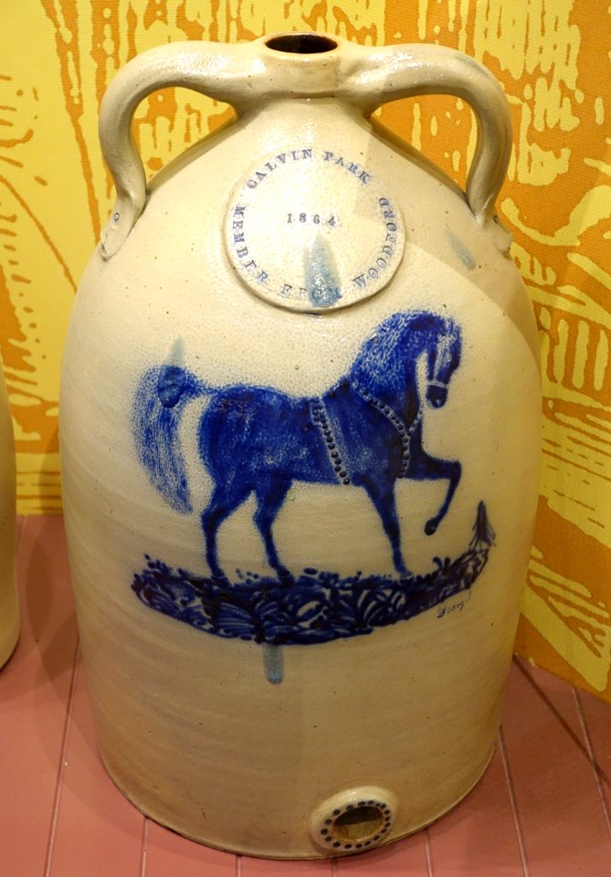 Presentation jug, E. & L. P. Norton Pottery, 1864, salt-glazed stoneware with cobalt decoration - Bennington Museum - Bennington, VT - DSC08999