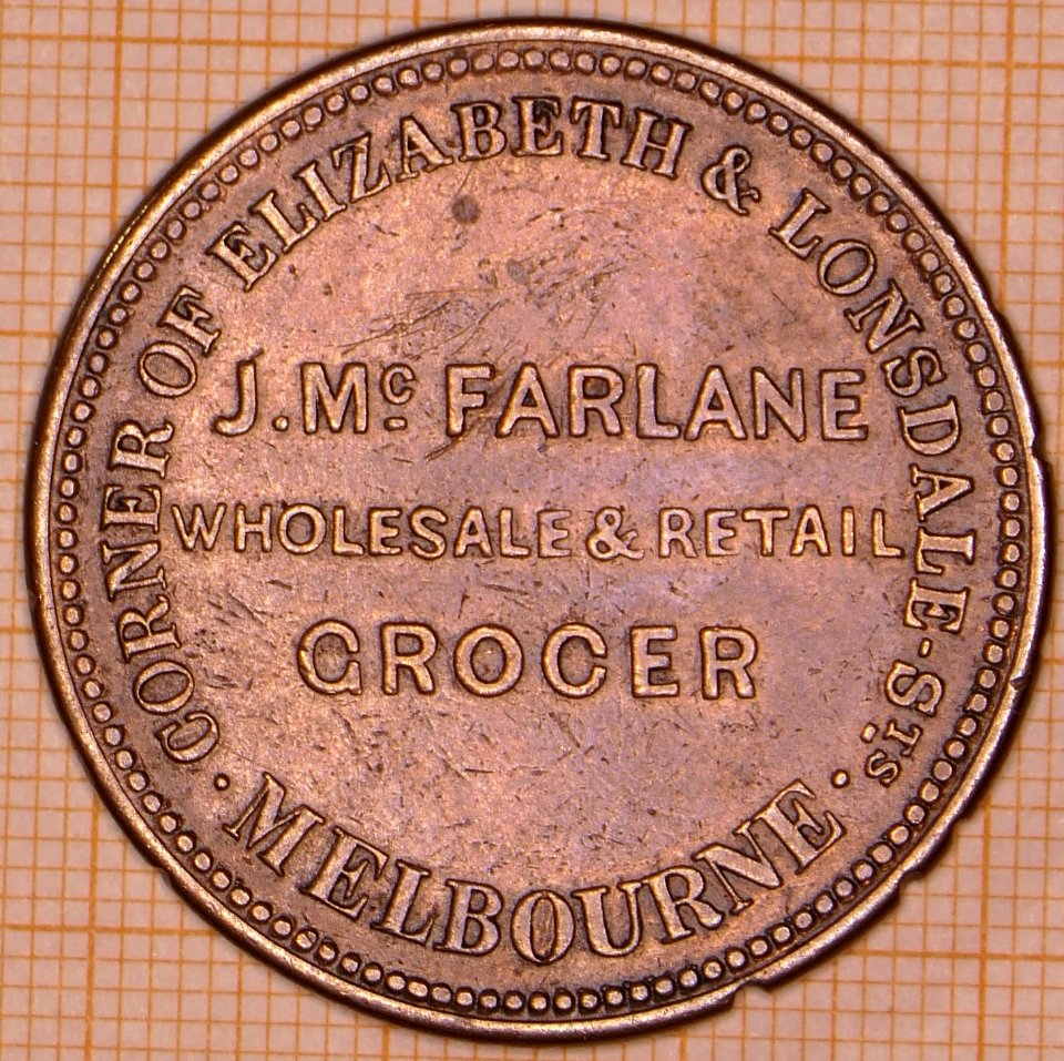 R354 Australian Penny Token, J. McFarlane, Corner Elizabeth & Londale Sts. Melbourne - obverse