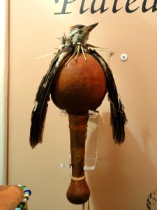 Rattle, Thompson River, birchwood with red-headed woodpecker etc, collected before 1915 - Native American collection - Peabody Museum, Harvard University - DSC05582