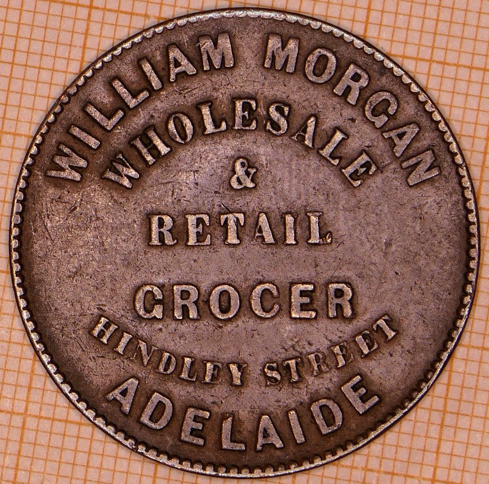 R380 Australian Penny Token, 1858, Willam Morgan, Hindley Street, Adelaide - obverse