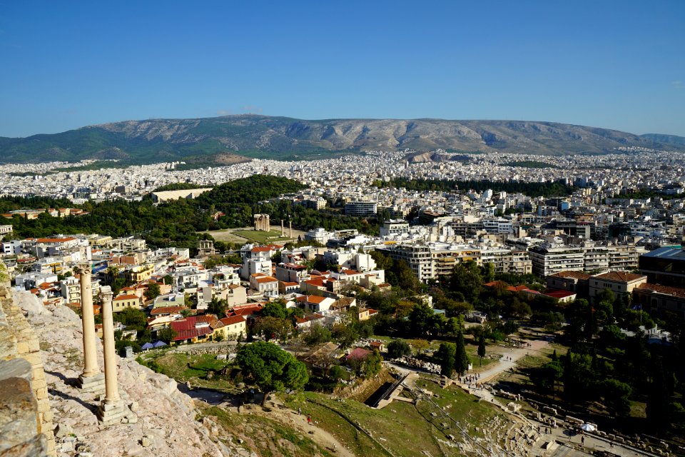 Panoramic view of Athens and Mount Hymettus from the Acropolis on 7 October 2018