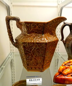 Pitcher attributed to American Pottery Co., Jersey City NJ, stoneware, slip, Rockingham glaze, item HD 69.0449 - Flynt Center of Early New England Life - Deerfield, Massachusetts - DSC04180