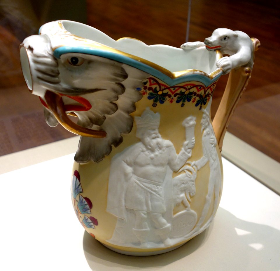 Pitcher with King Gambrinus offering beer to Brother Jonathan (this side) and Plain Language from Truthful James, Karl L. H. Muller designer, Union Porcelain Works, 1877-c.1886 - Cincinnati Art Museum - DSC04469