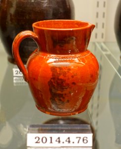 Pitcher, Pennsylvania, c. 1860, lead-glazed redware, item HD 2014.4.76 - Flynt Center of Early New England Life - Deerfield, Massachusetts - DSC04110