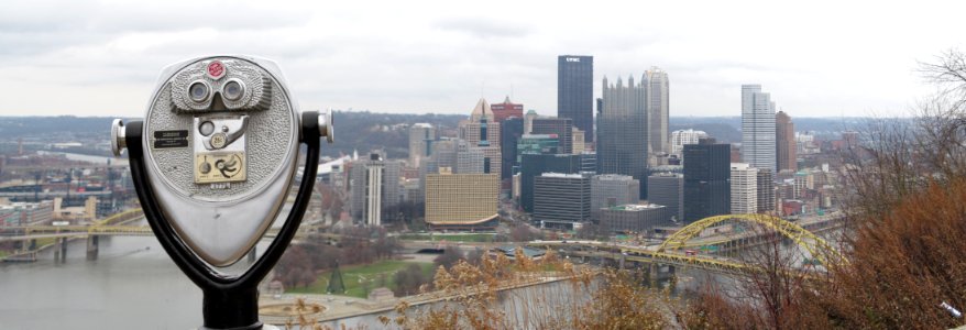 Pittsburgh skyline with coin-operated binoculars, 2020-12-04