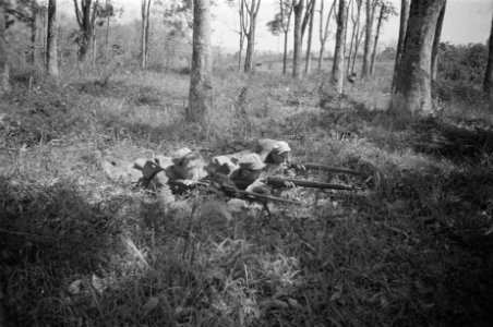 Patrouille. Drie soldaten liggend op de rond, geweren en lichte mitrailleur in a, Bestanddeelnr 255-6-1