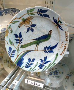 Plate, Bristol, England, c. 1730 with late 19th to early 20th century inscription, tin-glazed earthenware, HD 56.092.2 - Flynt Center of Early New England Life - Deerfield, Massachusetts - DSC04405