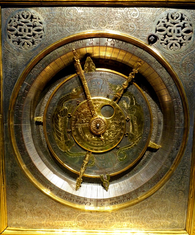 Planetary Clock by Philipp Imser with Gerhard Emmoser, German, c. 1554-1561, gilt and silvered copper, brass, iron, view 2 - Metropolitan Museum of Art - New York City - DSC06873