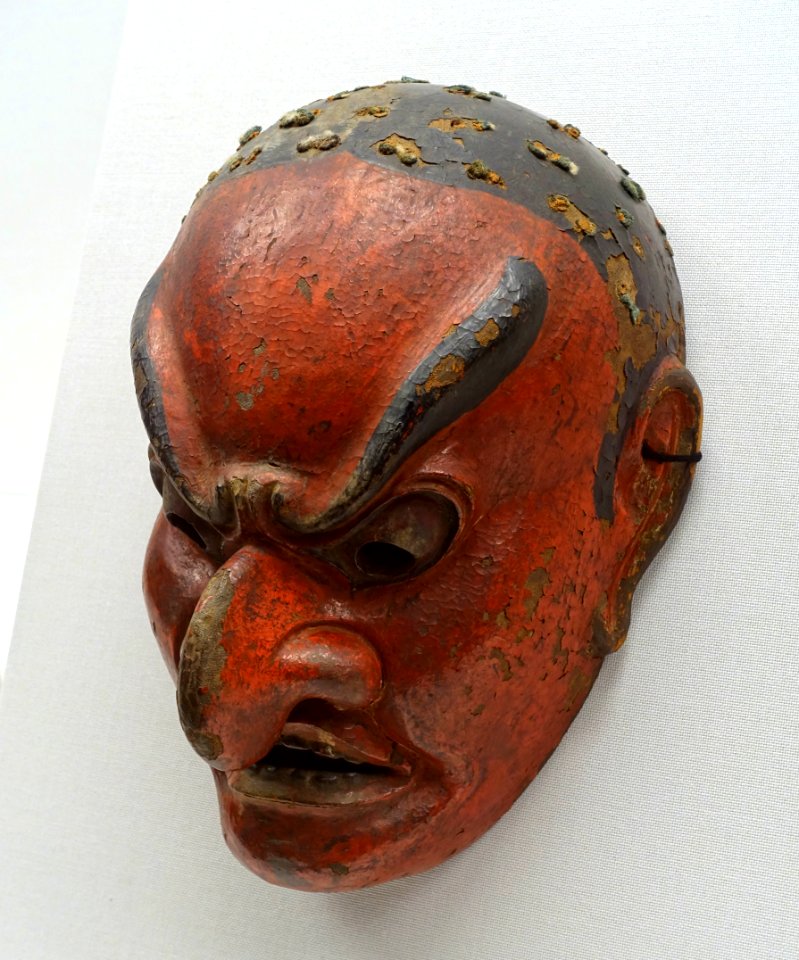 Sanju bugaku mask, lent by Masumida Jinja, Aichi, Japan, Kamakura period, dated 1211 AD, wood with polychromy - Tokyo National Museum - Tokyo, Japan - DSC09019