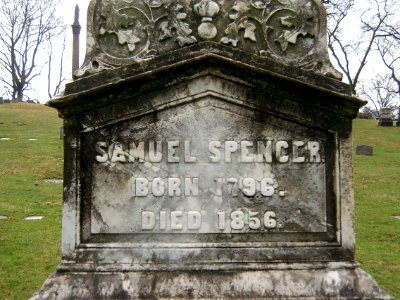 Samuel Spencer Obelisk Inscription, Allegheny Cemetery, 2015-04-09
