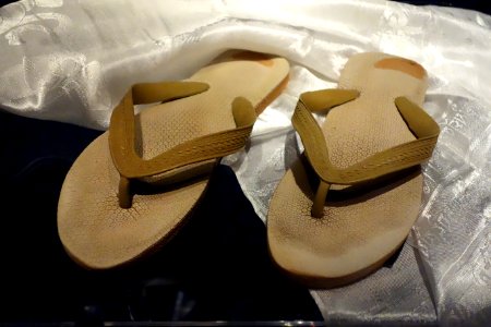 Sandals worn by 14th Dalai Lama in Toronto, 2010, plastic - Bata Shoe Museum - DSC00329