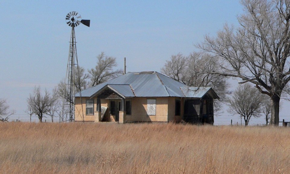 Schwartz farm (Lane Co KS) house and windmill from SE 1