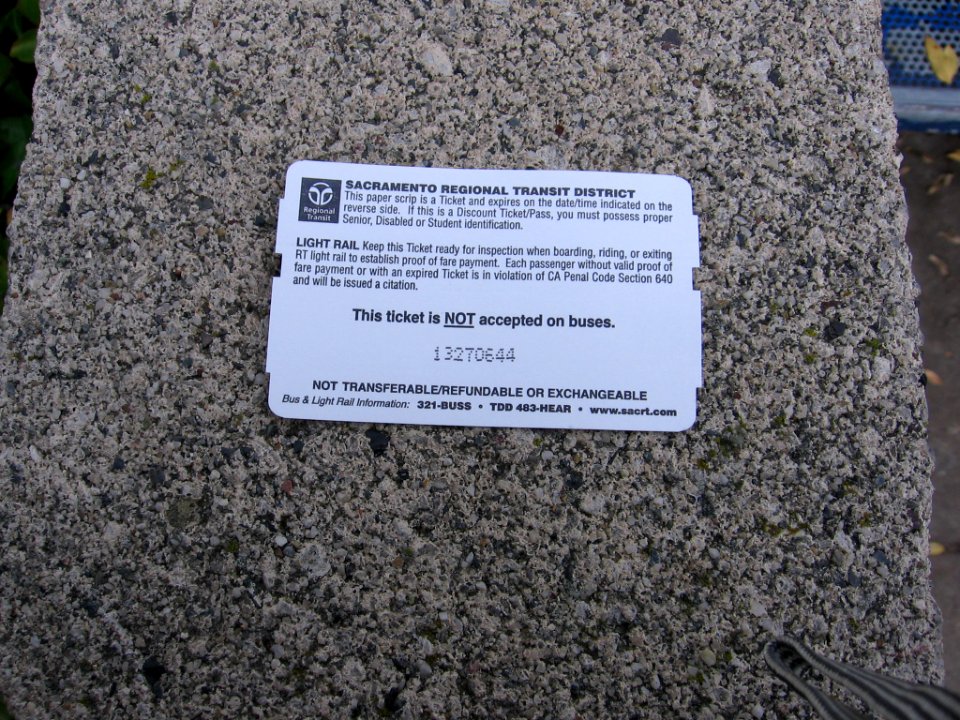 Sacramento RTD light rail ticket 3989 02