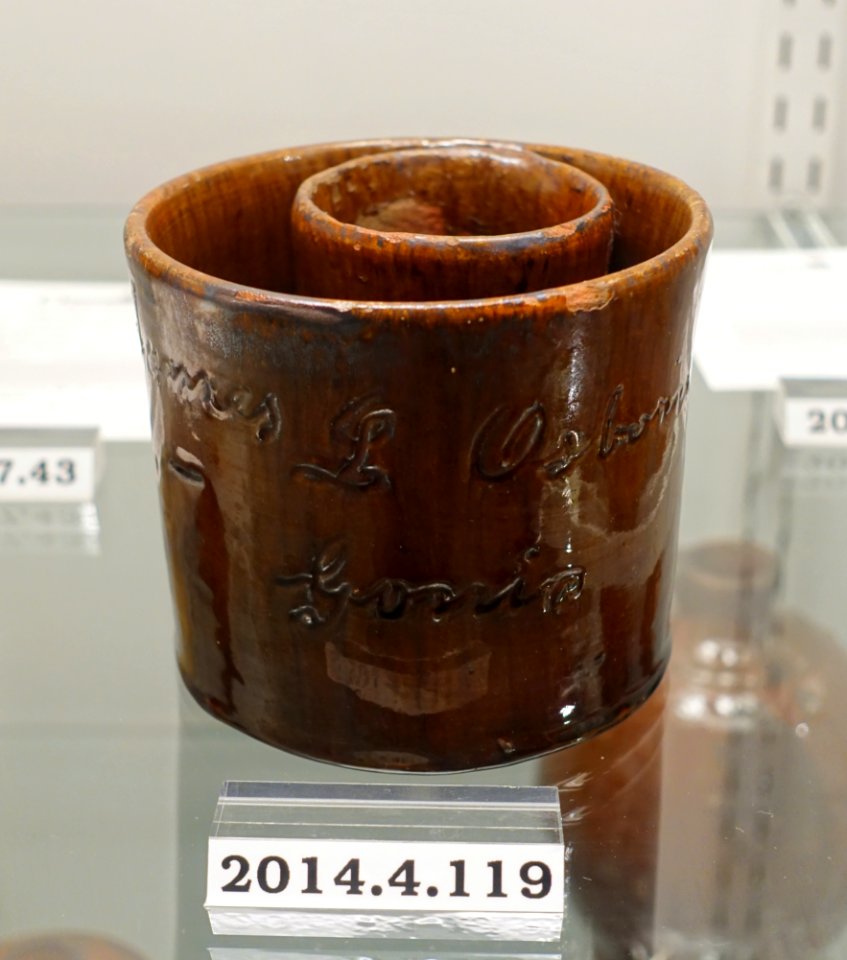Shaving cup by James L. Osborne, Gonic, New Hampshire, 1877, lead-glazed redware, item HD 2014.4.119 - Flynt Center of Early New England Life - Deerfield, Massachusetts - DSC04054