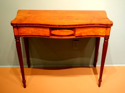 Sheraton card tables, 1 of 2, Massachusetts, c. 1810, mahogany, satinwood inlaid veneer - Cape Ann Museum - Gloucester, MA - DSC01233