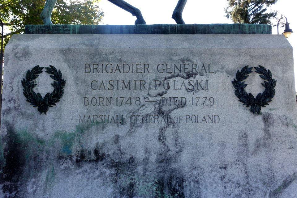 Pulaski Monument inscription, by Lucien Hippolyte Gosselin, dedicated 1938, funded by the Works Progress Administration - Manchester, NH - DSC07196