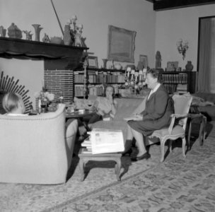 Remarque en zijn echtgenote, Paulette Goddard, bij de open haard in hun woonkame, Bestanddeelnr 254-4741