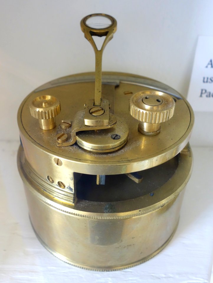 Miniature sextrant by Stanley, London, similar to those used by US Coast Survey Engineers when mapping the Pacific coast in the mid 1800s - Point Cabrillo Light Museum - California - DSC01943