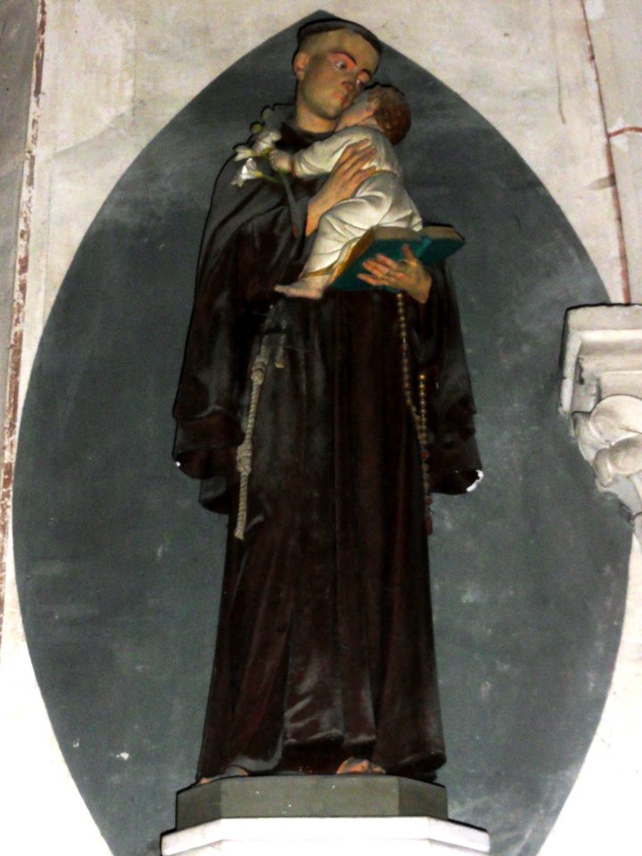Morley (Meuse) église, statue moine avec enfant