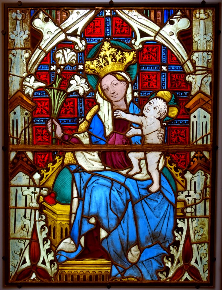 Mother of God enthroned, from the Karmeliterkirche in Boppard, Rhineland, 1440-1446, stained and painted glass - Hessisches Landesmuseum Darmstadt - Darmstadt, Germany - DSC00142