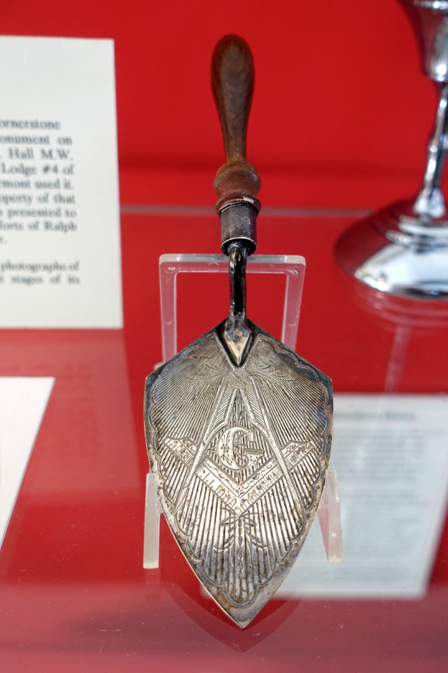 Masonic trowel used to lay the cornerstone of the Bennington Battle Monument on August 16, 1887, silver - Bennington Museum - Bennington, VT - DSC08690