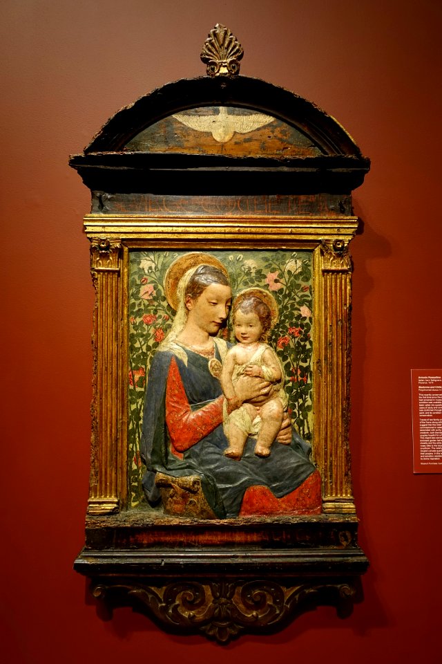 Madonna and Child, by Antonio Rossellino, Florence, c. 1475, polychromed stucco in original wood frame - Currier Museum of Art - Manchester, NH - DSC07289