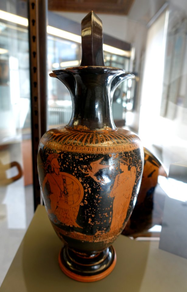 Menelaos chasing Helen, stopped by Eros and Aphrodite, Attic red-figure oinochoe, by the Heimarmene Painter, 430-420 BC - Museo Gregoriano Etrusco - Vatican Museums - DSC01011